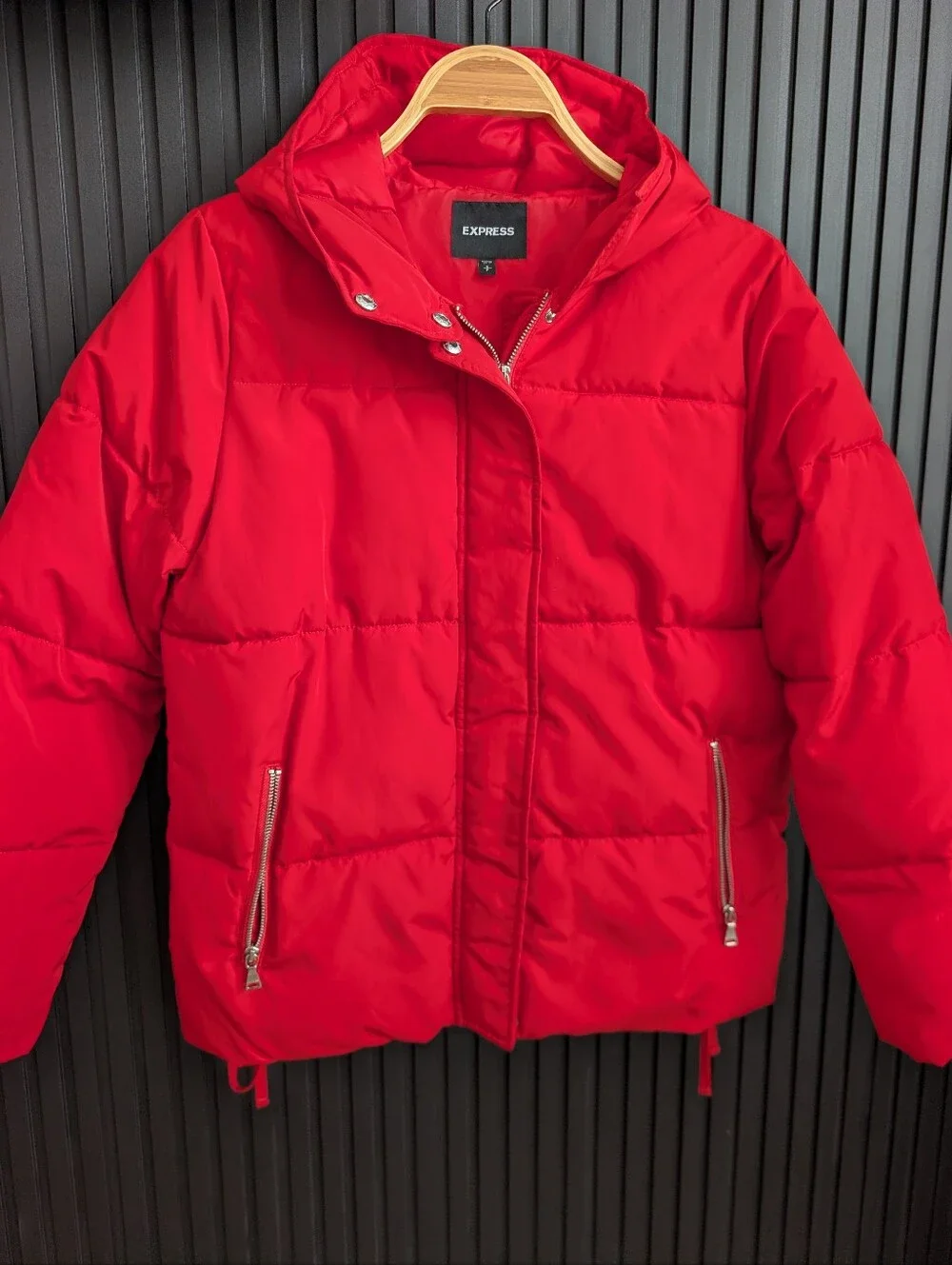 EXPRESS Red Puffer Jacket Hooded with Lace-Up Sides | Size